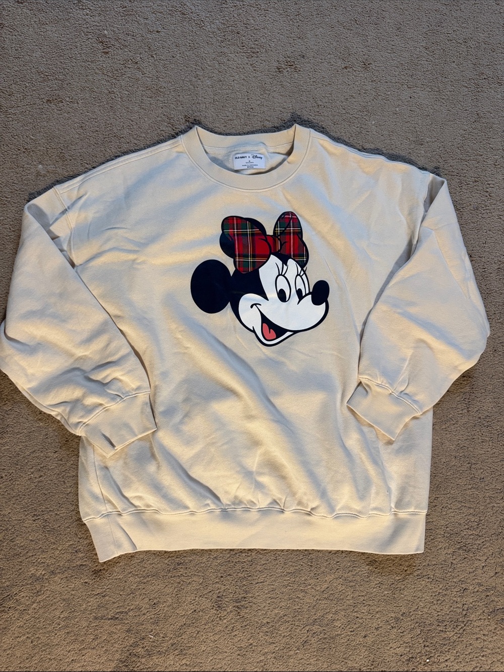 Old Navy Cream Minnie Mouse Plaid Bow Sweatshirt